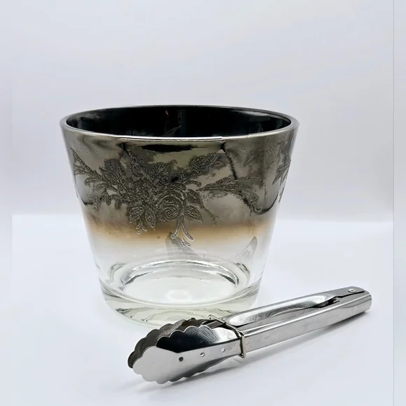 Vintage Silver Ombre Glass Ice Bucket Floral Etched w Tongs MCM Style - Picture 2 of 8